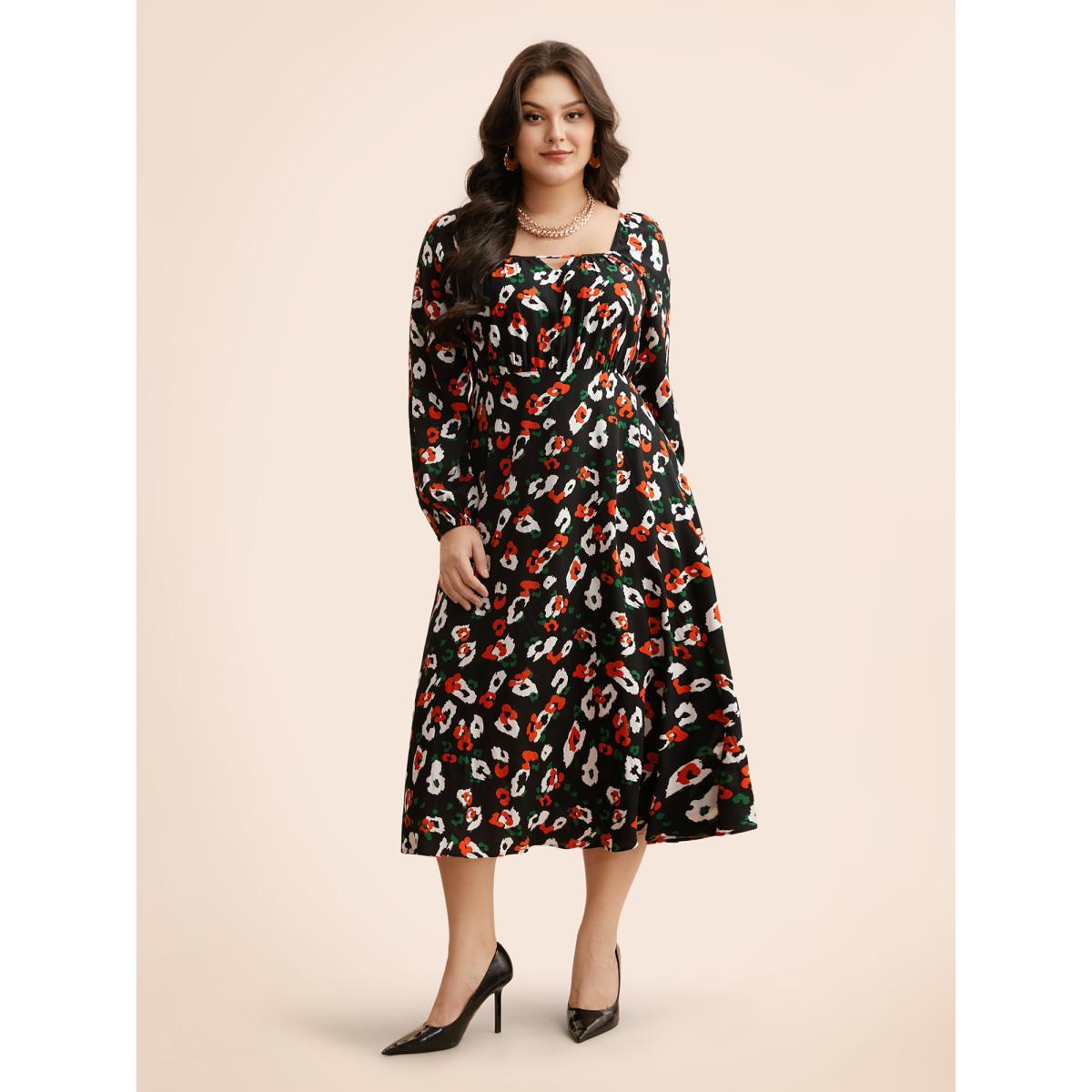 Plus Size Square Neck Animal Print Keyhole Dress Black Women Elegant Gathered Square Neck Long Sleeve Curvy BloomChic 10/M Product Image