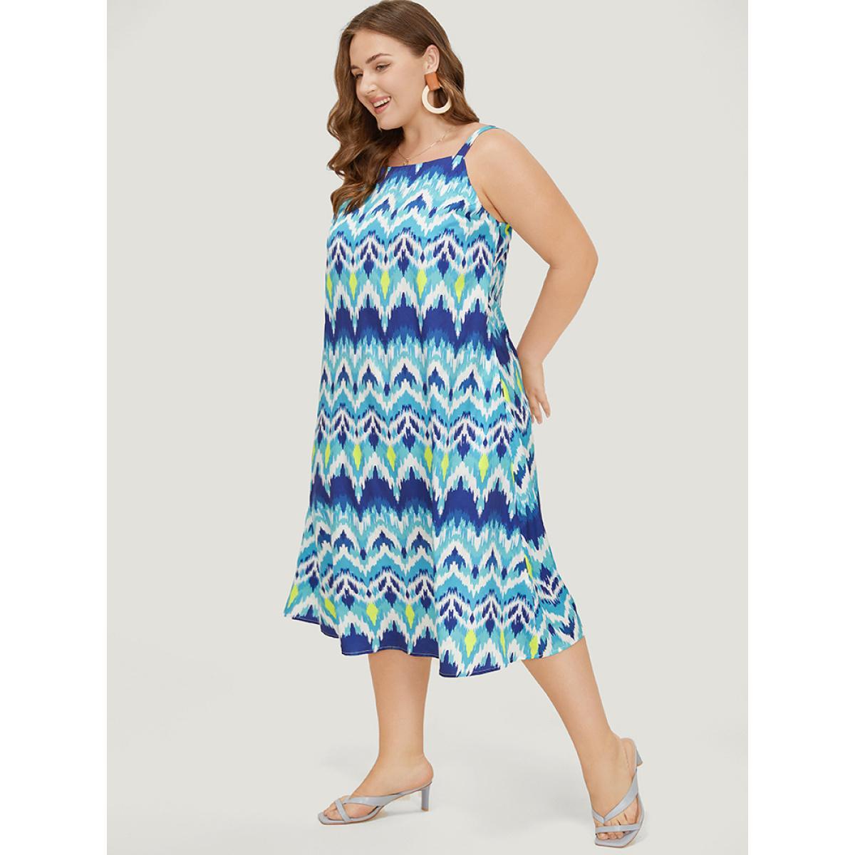 Plus Size Bandana Geometric Ruffles Hem Pocket Spaghetti Strap Dress LightBlue Women Vacation Spaghetti Strap Sleeveless Curvy Midi Dress BloomChic 30/6X Product Image