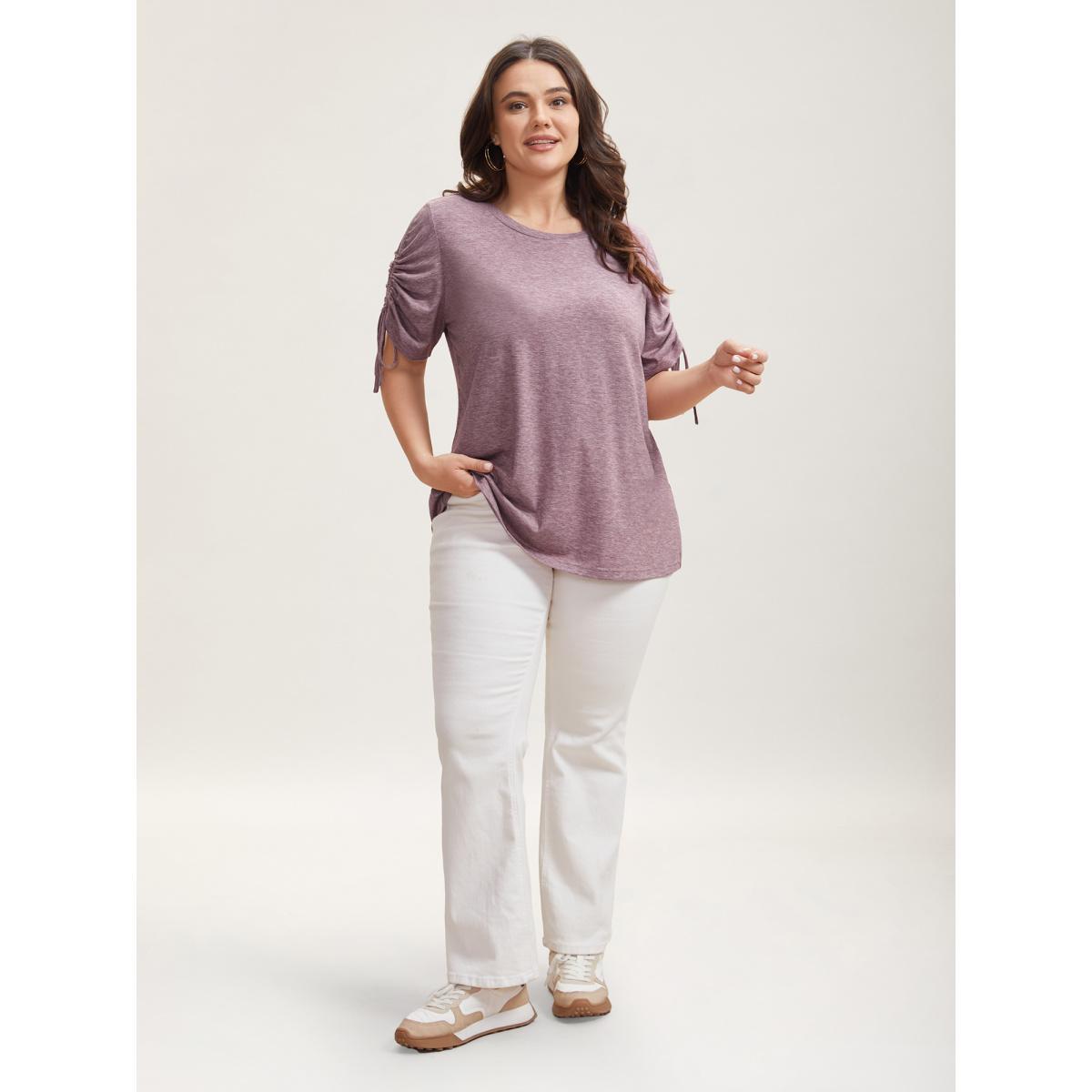 Plus Size Stretchy Heather Fabric Drawstring Sleeve T-Shirt Mauve Women Elegant Drawstring Round Neck Everyday T-shirts BloomChic 30/6X Product Image