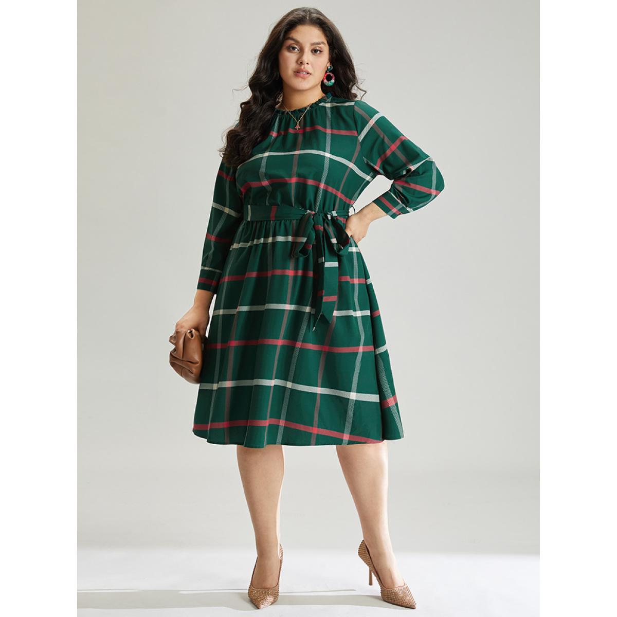 Plus Size Plaid Stand Collar Gathered Belted Dress Multicolor Women Office Printed Stand-up collar Elbow-length sleeve Curvy Midi Dress BloomChic 14-16/1X Product Image