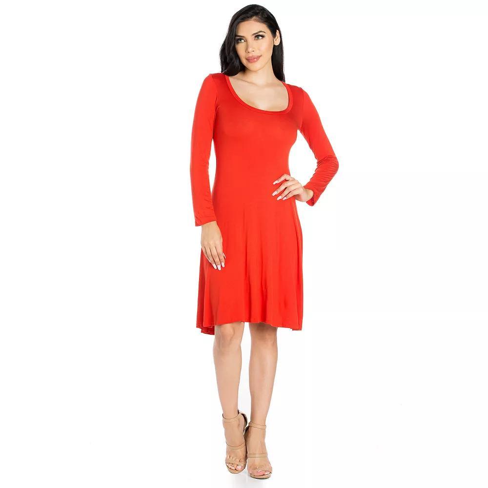 Women's 24seven Comfort Apparel Classic Scoopneck Long Sleeve Flared Mini Dress, Size: XL, Dark Brown Product Image