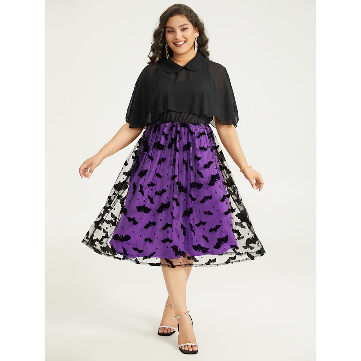 Plus Size Halloween Bat print Tiered Patchwork Dress DarkBlue Women Elegant Adjustable Straps Lapel Collar Sleeveless Curvy Midi Dress BloomChic 26/4X Product Image