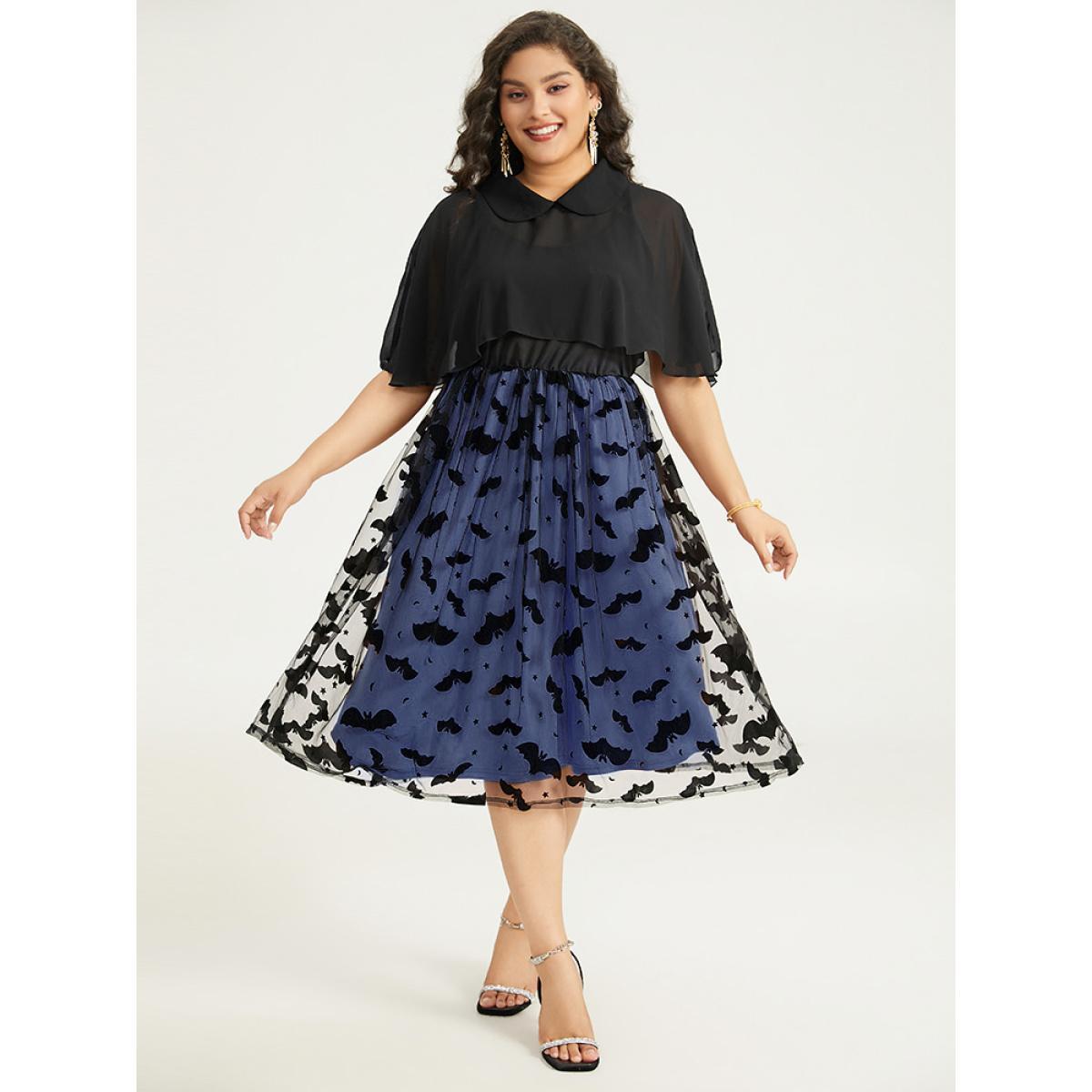 Plus Size Halloween Bat print Tiered Patchwork Dress DarkBlue Women Elegant Adjustable Straps Lapel Collar Sleeveless Curvy Midi Dress BloomChic 26/4X Product Image