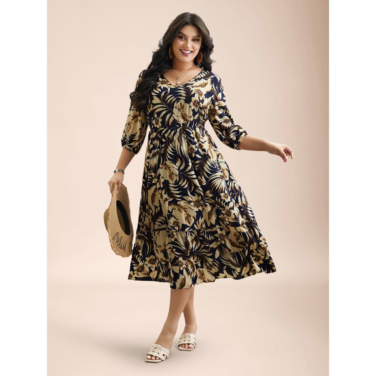Plus Size Tropical Print Stretchy-Waist Pockets Midi Dress DarkBlue Women Resort Non V-neck Elbow-length sleeve Curvy BloomChic 10/M Product Image