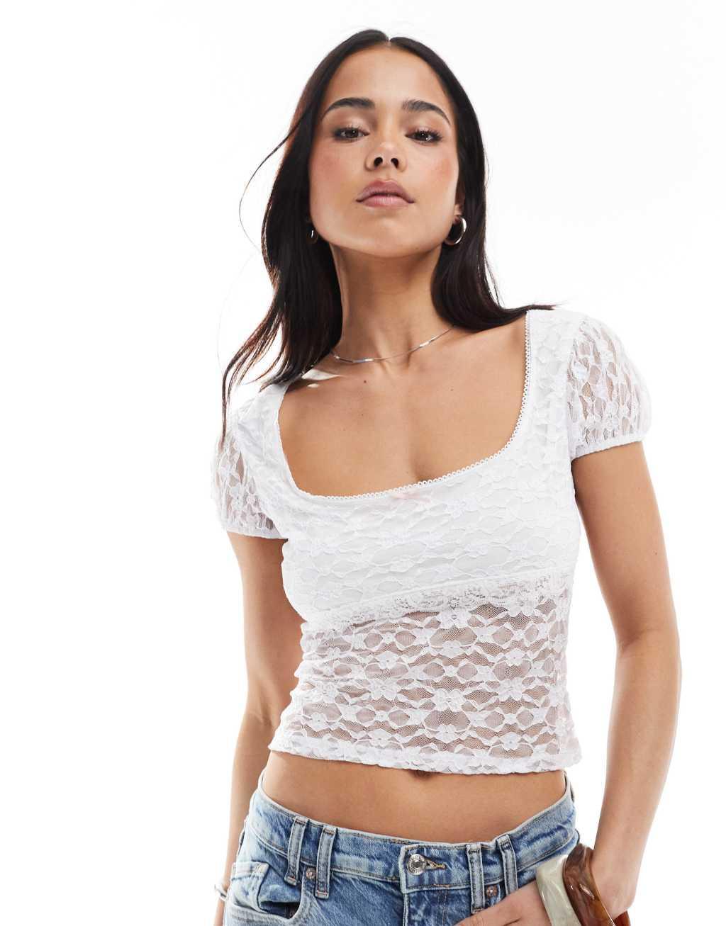 Miss Selfridge lace cap sleeve bow detail top Product Image