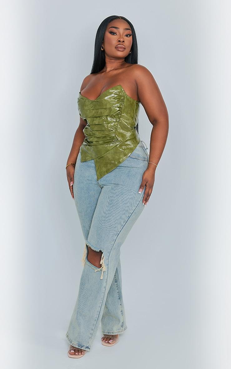 Plus Olive Washed Faux Leather Ruched Bandeau Corset Product Image