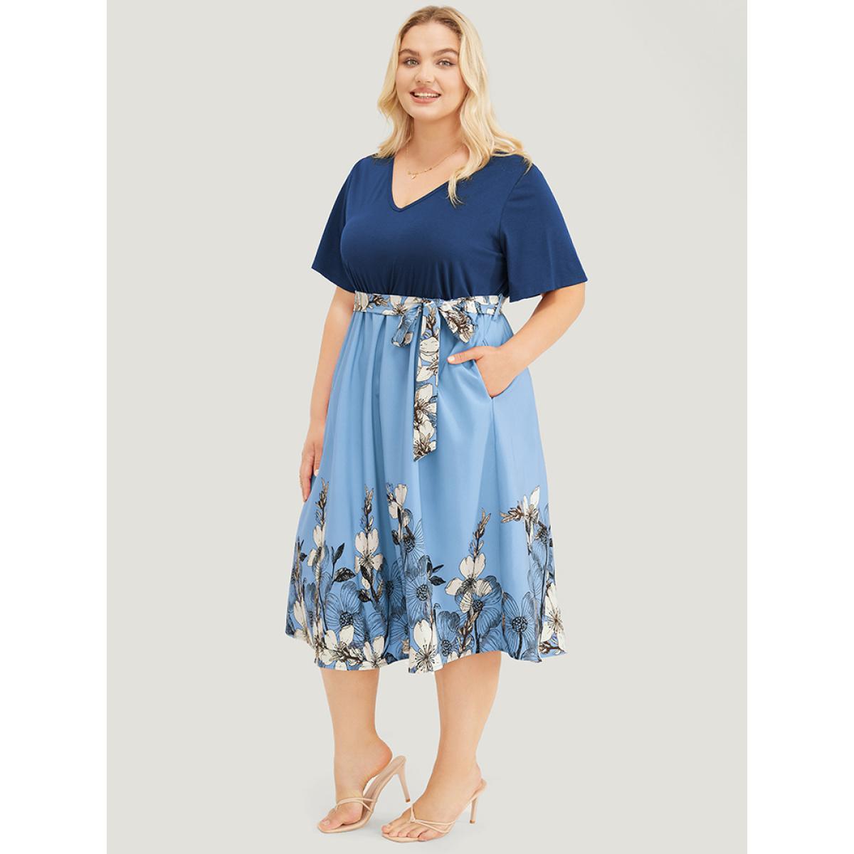 Plus Size Floral Patchwork Contrast Belt Pocket Ruffle Dress Stone Women Vacation Belted V-neck Short sleeve Curvy Midi Dress BloomChic 28/5X Product Image