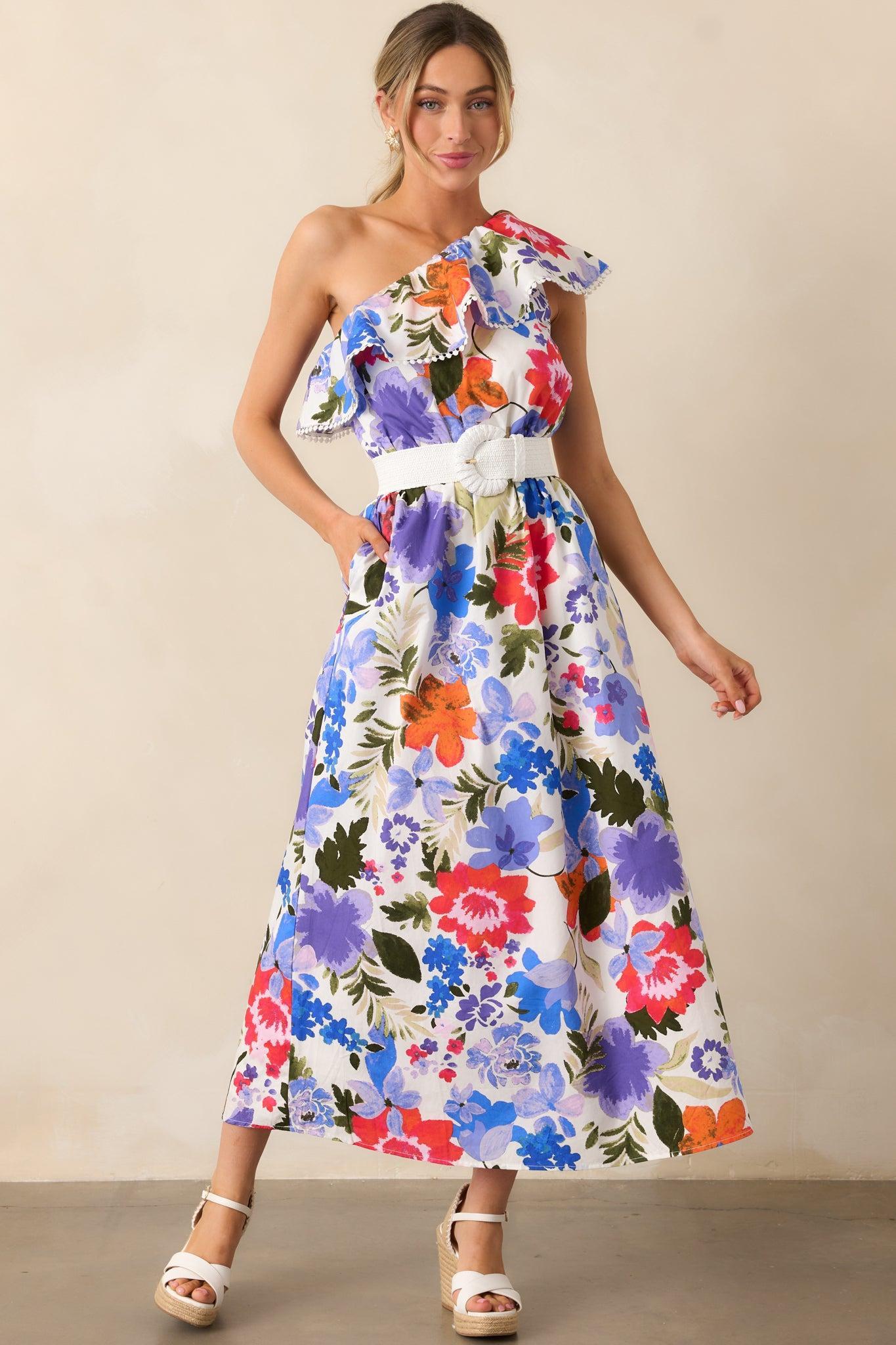 So Magnetic Blue Floral Cotton One Shoulder Maxi Dress Product Image