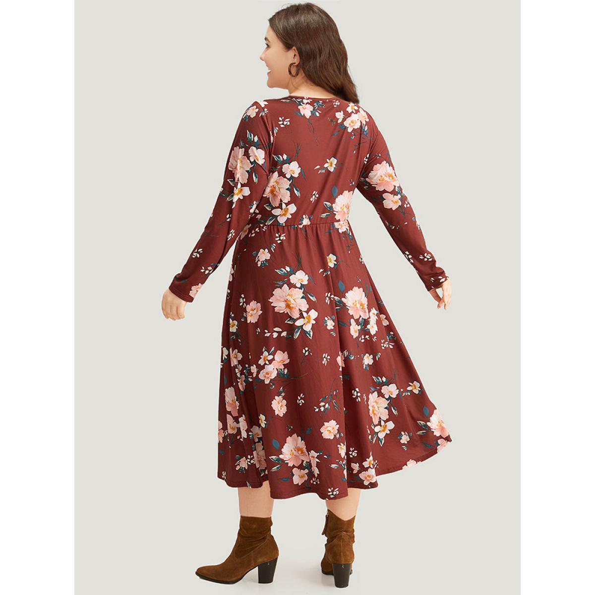 Plus Size Floral Pocket Ruched Elastic Waist Dress Burgundy Women Casual Gathered V-neck Long Sleeve Curvy Midi Dress BloomChic 30/6X Product Image