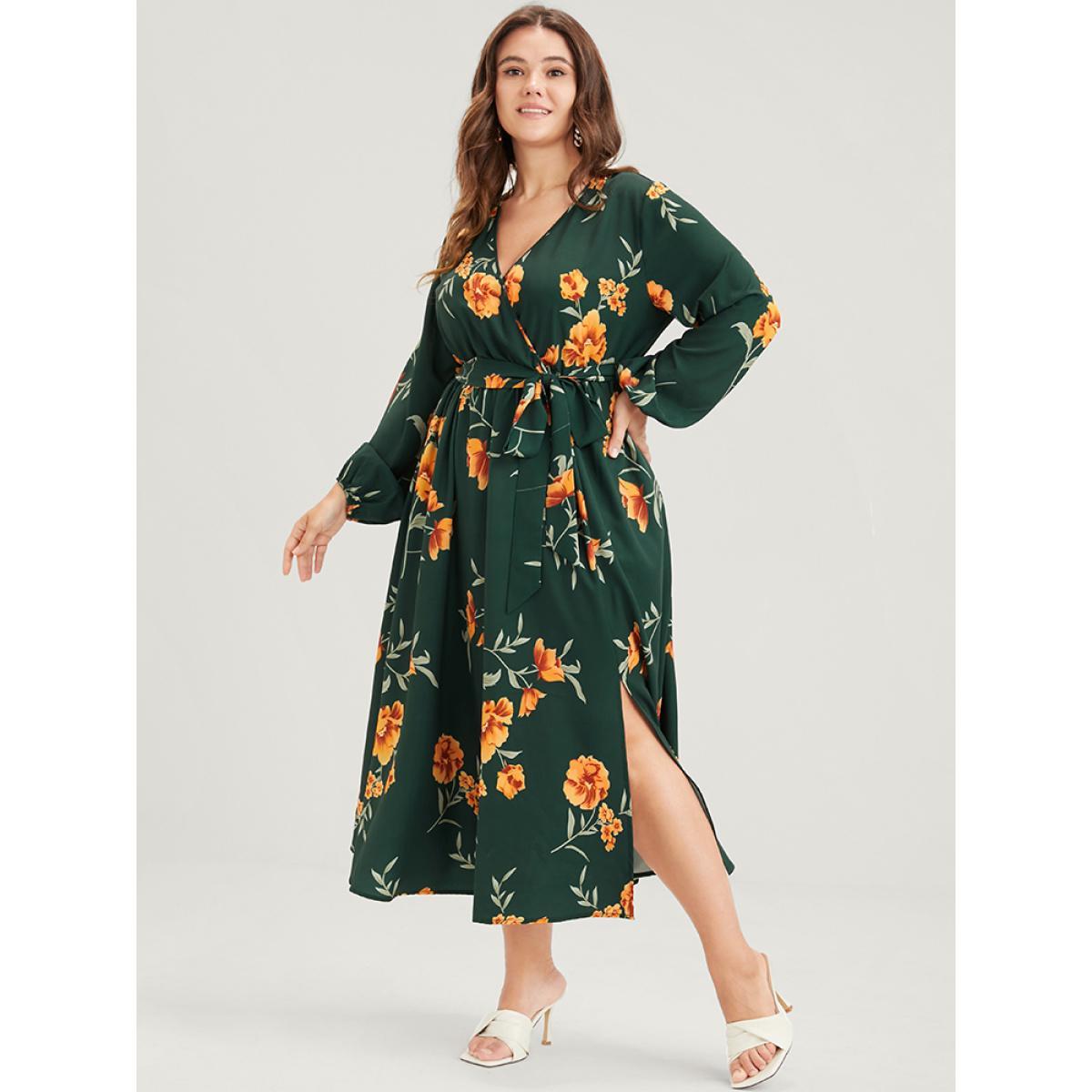 Plus Size Floral Pocket Lantern Sleeve Flutter Split Hem Ties Wrap Dress DarkGreen Women Elegant Cross straps V-neck Long Sleeve Curvy Midi Dress BloomChic 26/4X Product Image