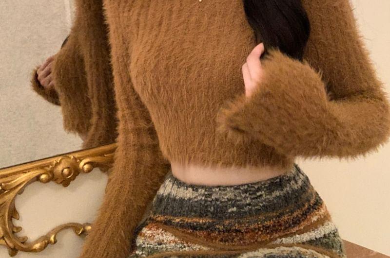 Long-Sleeve Crew Neck Plain Fluffy Crop Knit Top / High Rise Color Block Midi Pencil Skirt Product Image