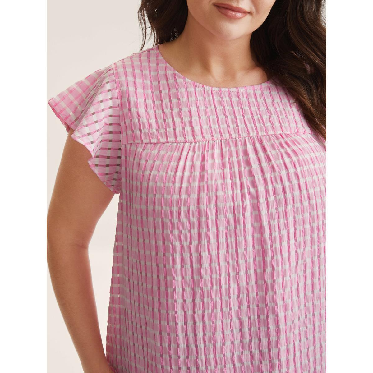 Plus Size Peach Textured Sheer Lined Flutter Sleeve Blouse Women Cap Sleeve Round Neck Everyday-Casual Blouses BloomChic 26/4X Product Image