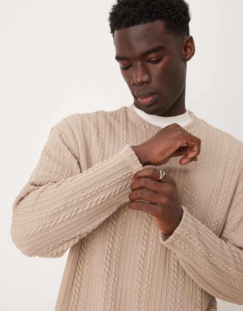 ASOS DESIGN relaxed boxy lightweight sweater with cable texture in biscuit Product Image