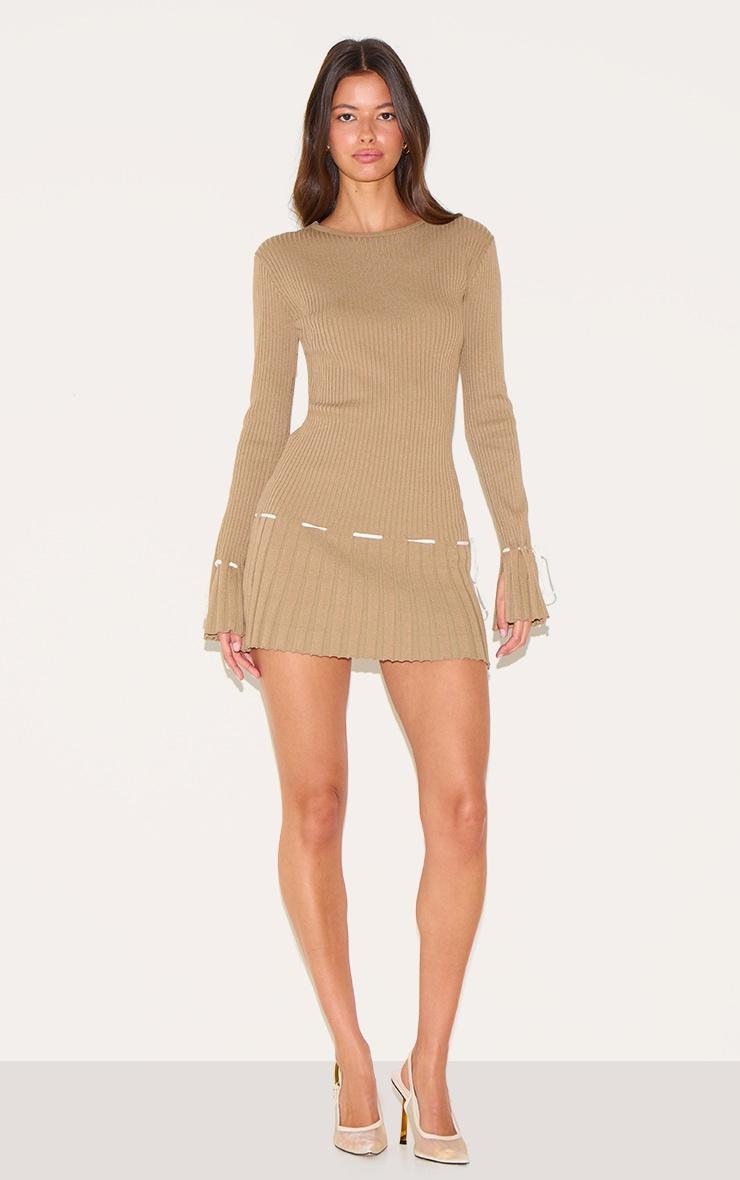 Taupe Rib Knit Pleated Contrast Tie Detail Long Sleeve Mini Dress Product Image
