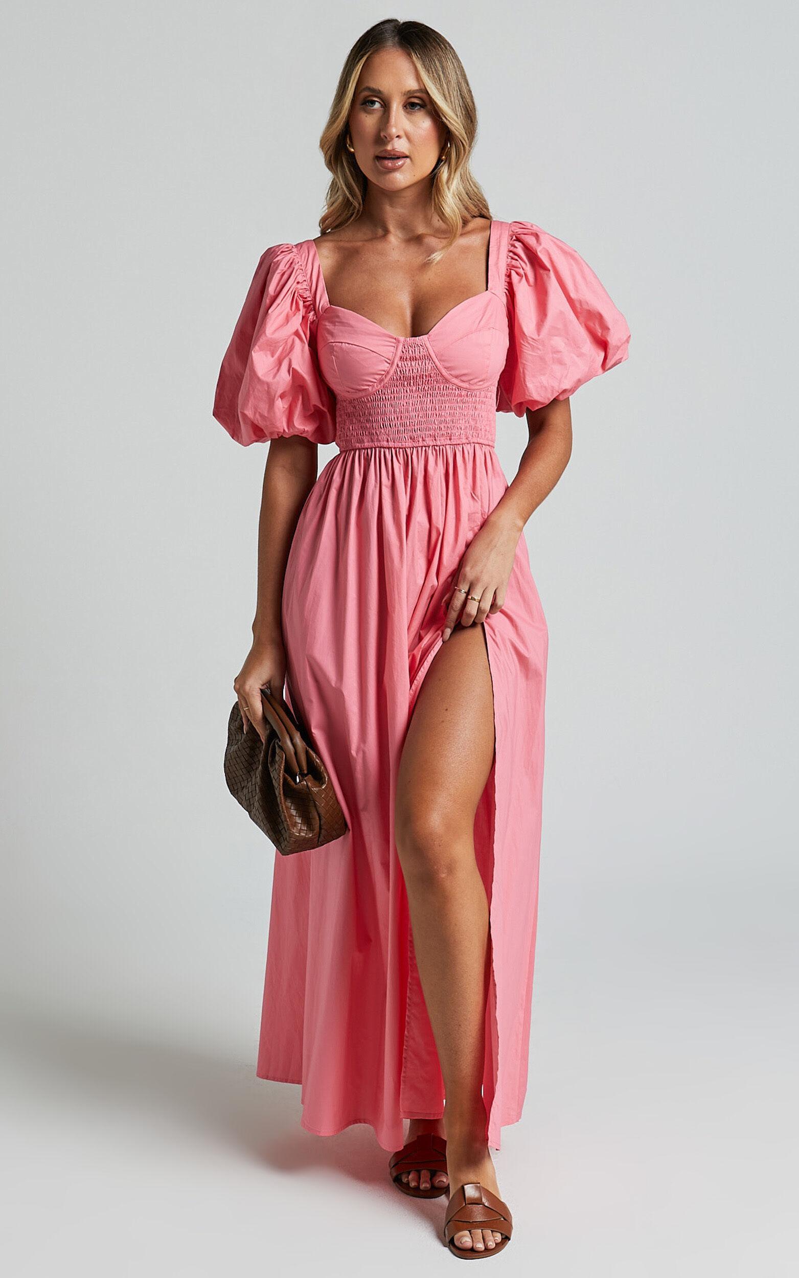 Raiza Midi Dress - Shirred Waist Puff Sleeve Dress in Coral Pink Product Image