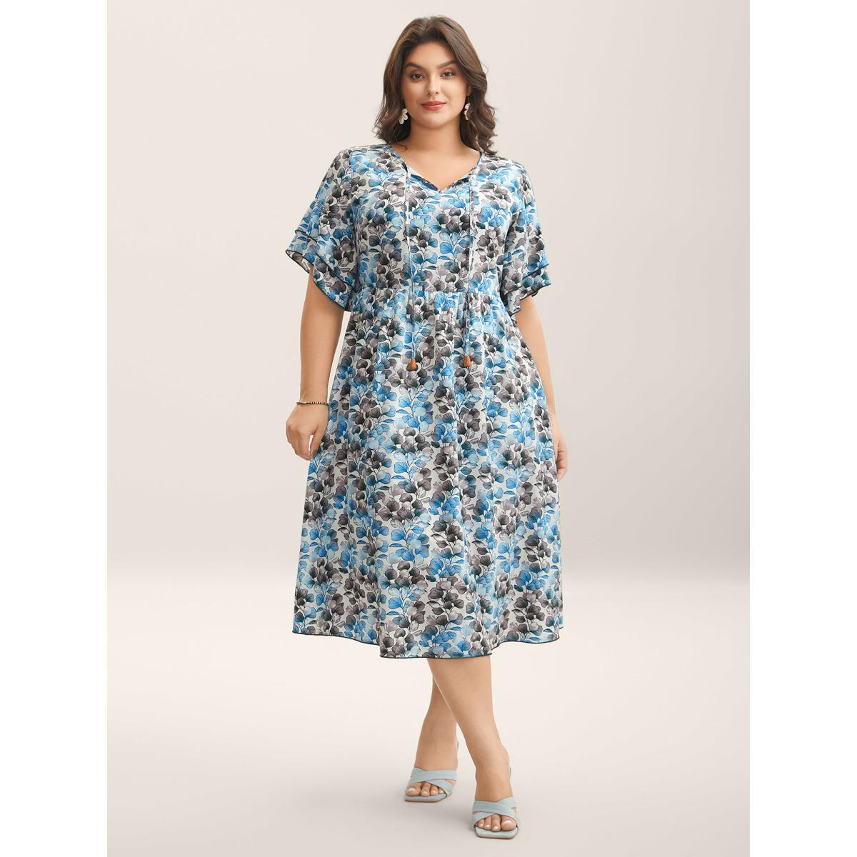 Plus Size Petal Print Layered Sleeve Pockets Midi Dress Mediumblue Women Notched collar Short sleeve Curvy BloomChic 26/4X Product Image