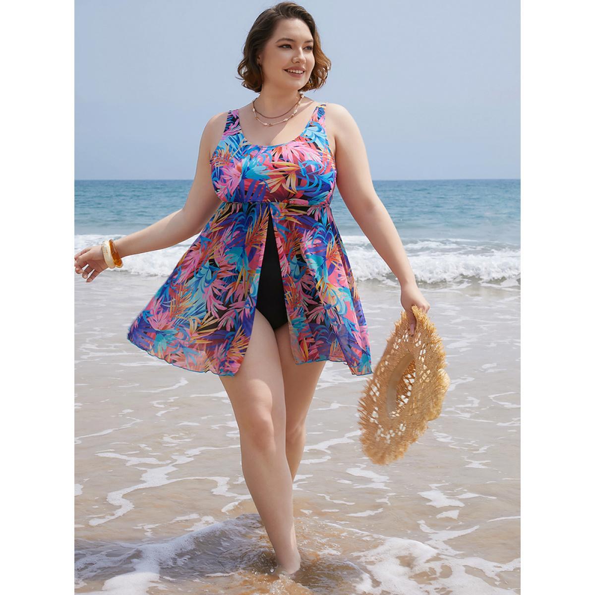 Plus Size Tropical Print Ruffles Split Front Swim Dress Women's Swimwear Multicolor Vacation Bodycon Round Neck High stretch Curve Swim Dresses BloomChic 30/6X Product Image