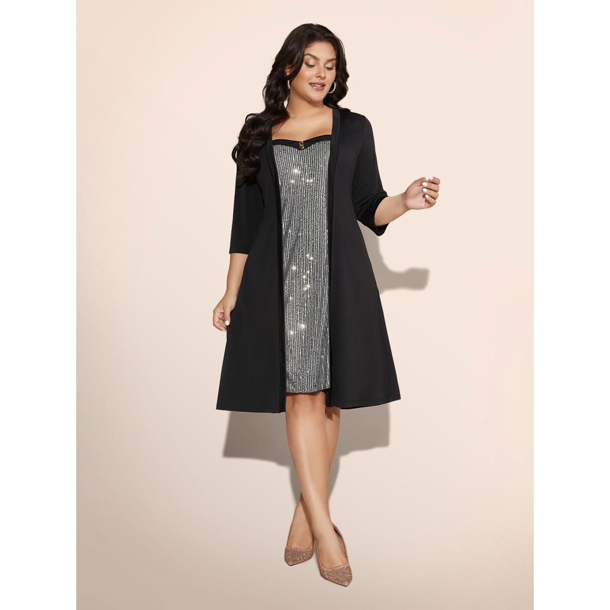 Plus Size Heart Neckline Patchwork Sequin Button Detail Dress Silver Women Cocktail Texture Party Curvy Bloomchic 18-20/2X Product Image