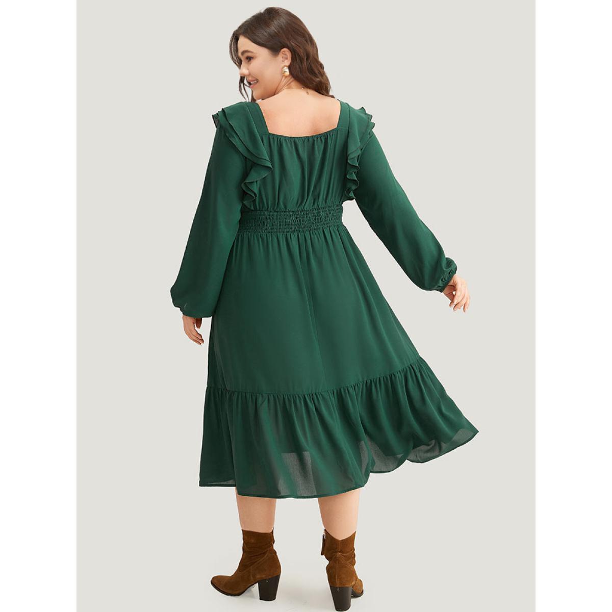 Plus Size Solid Shirred Ruffle Trim Pleated Dress DarkGreen Women Vacation Elastic cuffs V-neck Long Sleeve Curvy Midi Dress BloomChic 12/L Product Image