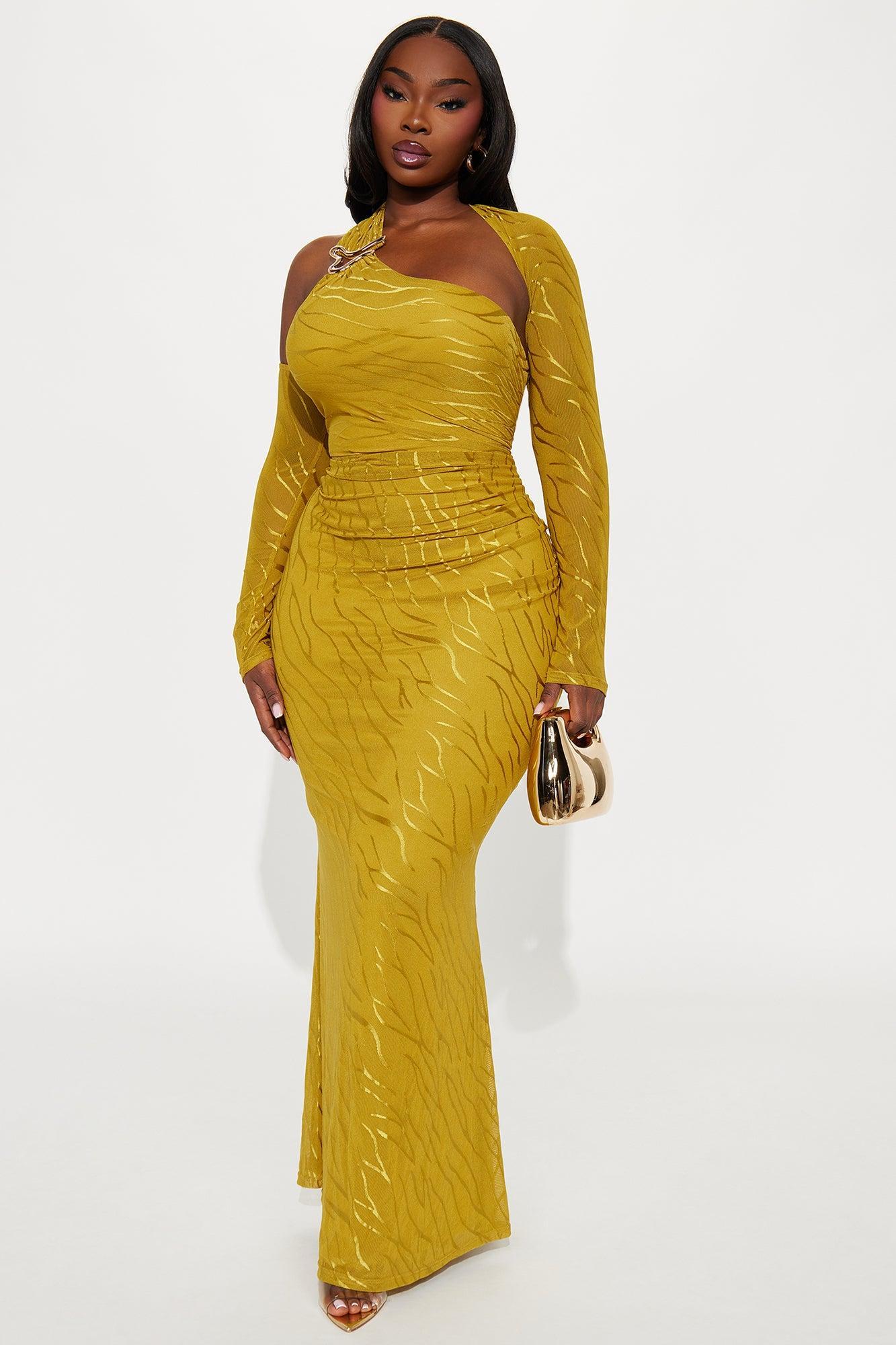 Juliana Asymmetrical Long Sleeve Mesh Maxi Dress - Chartreuse Product Image