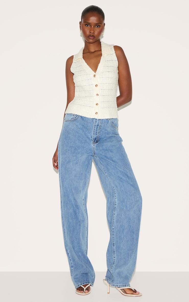 Cream Boucle Knit Button Through Collar Detail Vest Product Image