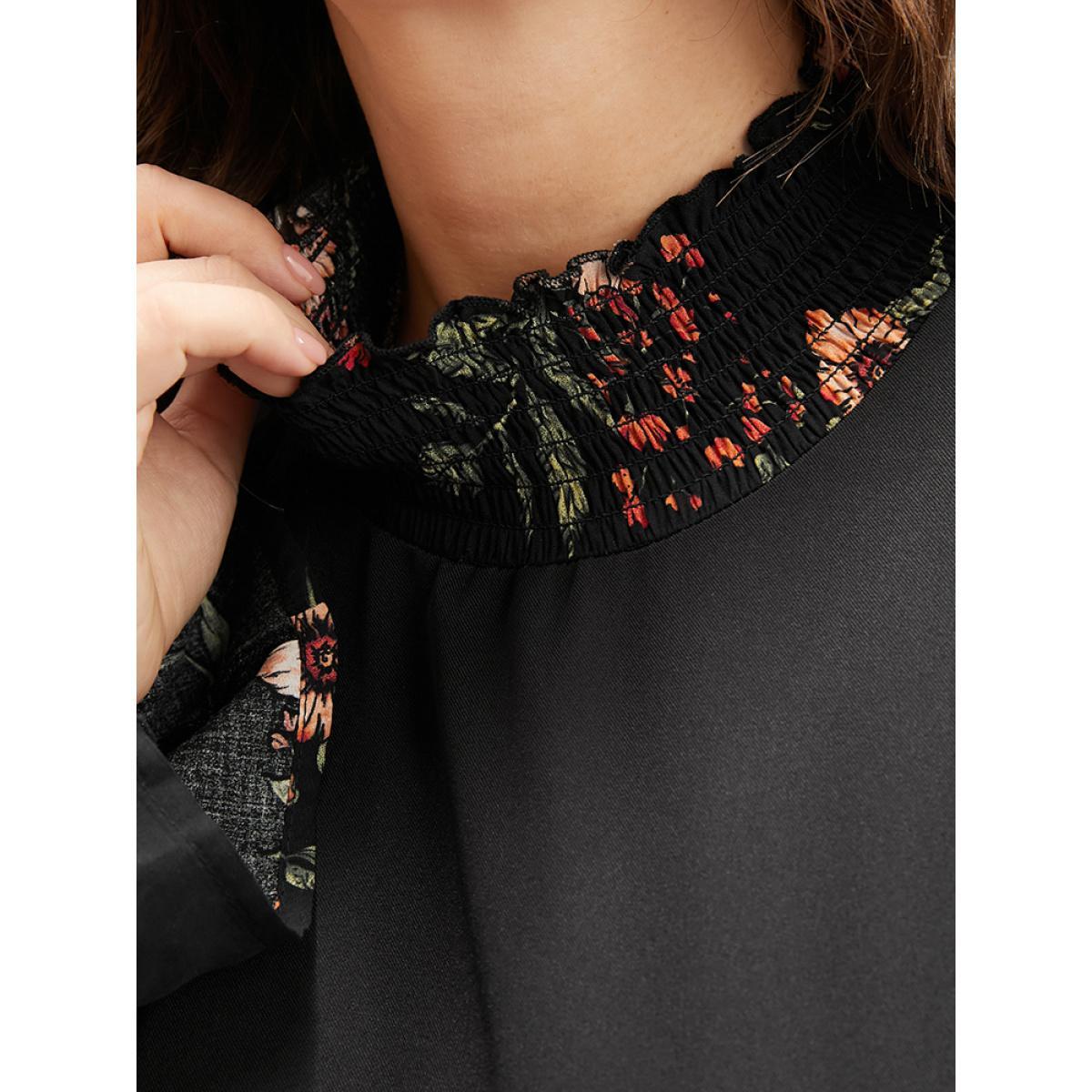 Plus Size Floral Patchwork Lantern Sleeve Pocket Belted Shirred Mock Neck Dress Black Women Elegant Patchwork Mock Neck Long Sleeve Curvy Midi Dress BloomChic 22-24/3X Product Image