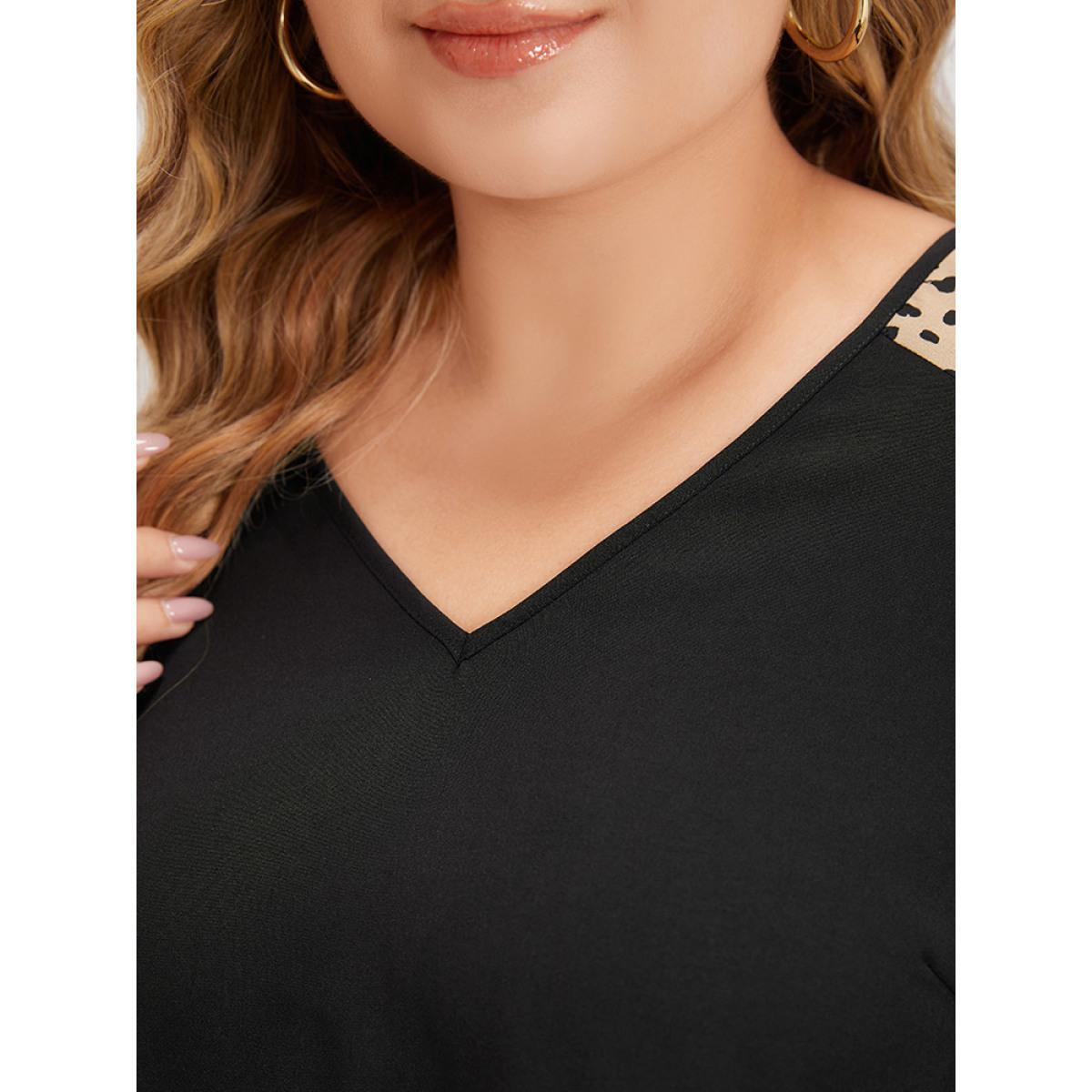 Plus Size Multicolor Leopard Print Raglan Sleeve Gathered Ruffle Trim Blouse Women Elegant Half Sleeve V-neck Dailywear Blouses BloomChic 10/M Product Image