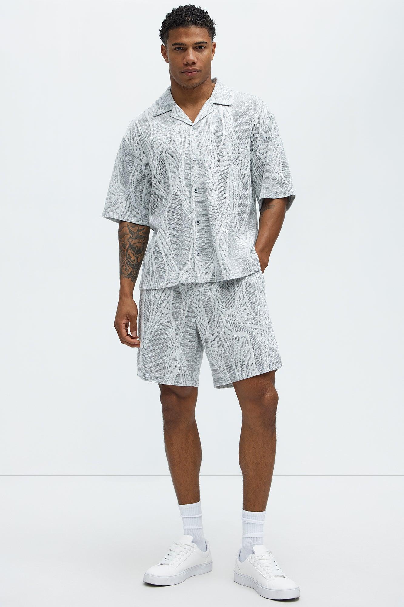 Leaf Patterned Knit Button Up Shirt - Grey/combo Product Image