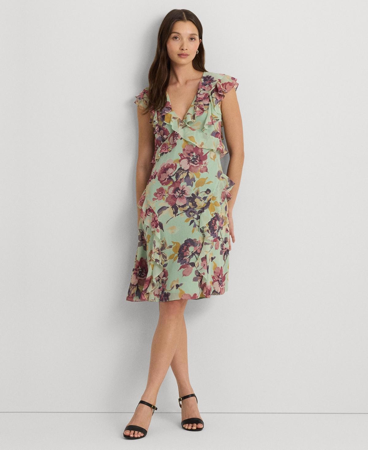 Lauren Ralph Lauren Floral Ruffle-Trim Georgette Dress (Light Multi) Women's Clothing Product Image