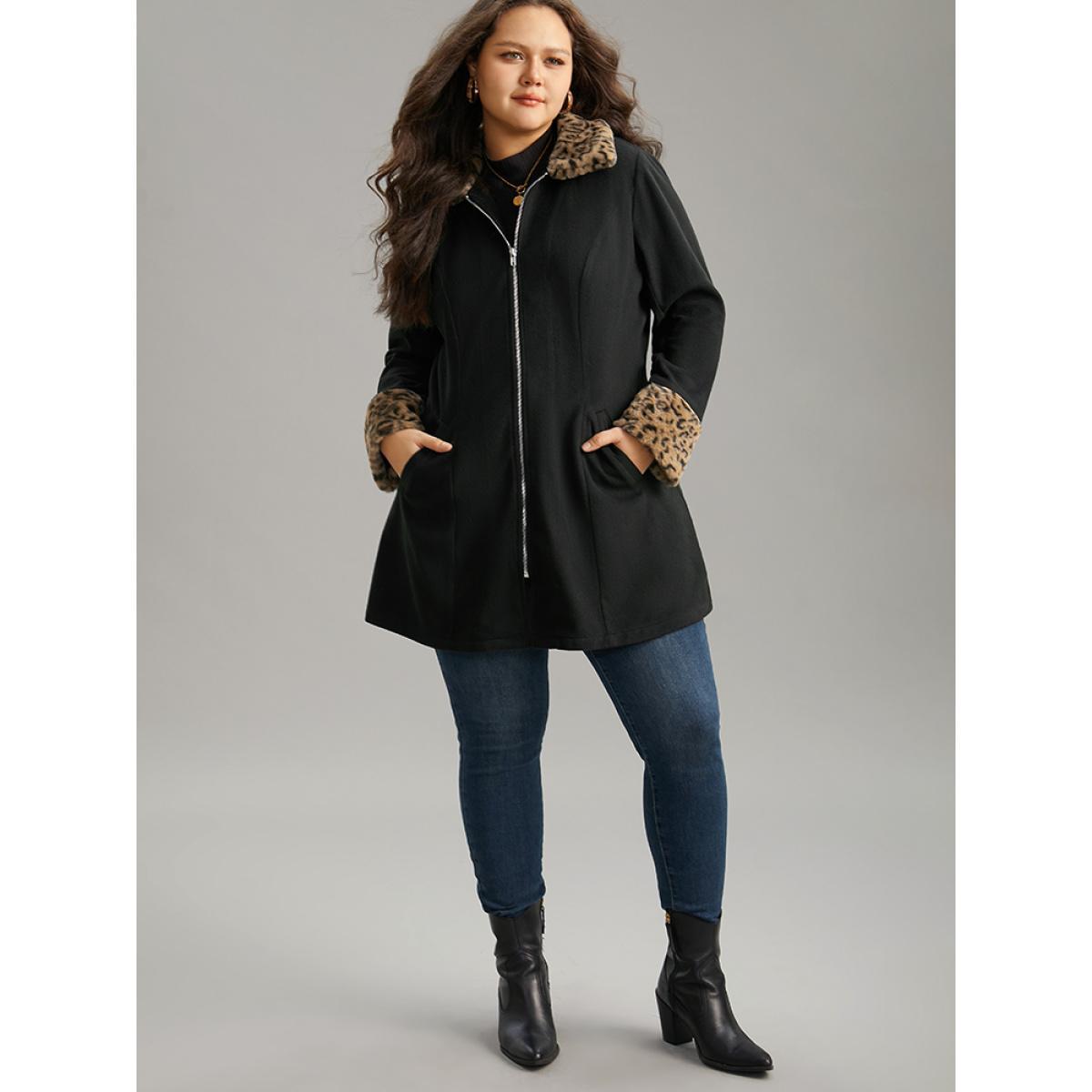 Plus Size Leopard Patchwork Fuzzy Trim Zipper Coat Women Black Casual Contrast Ladies Dailywear Winter Coats BloomChic 10/M Product Image