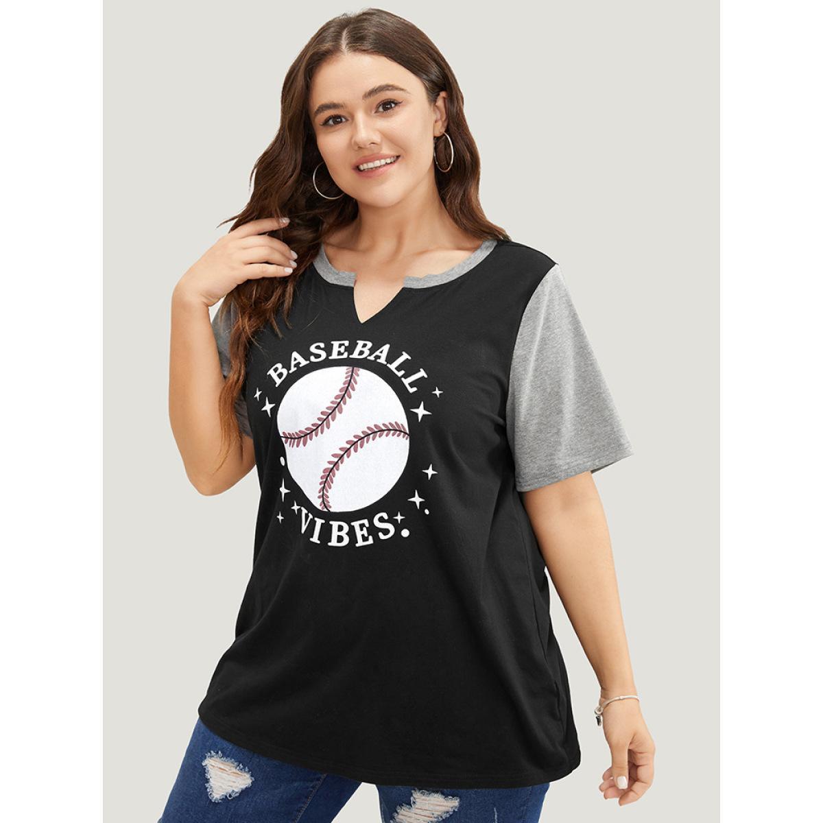 Plus Size Letter & Leaf Print Contrast Notched Neck T-shirt Black Women Casual Contrast Graphic Dailywear T-shirts BloomChic 18-20/2X Product Image