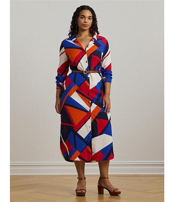 Lauren Ralph Lauren Plus Size Crepe de Chine Printed Point Collar Long Sleeve Button-Front Self-Tie Waist Midi Shirtdress Product Image