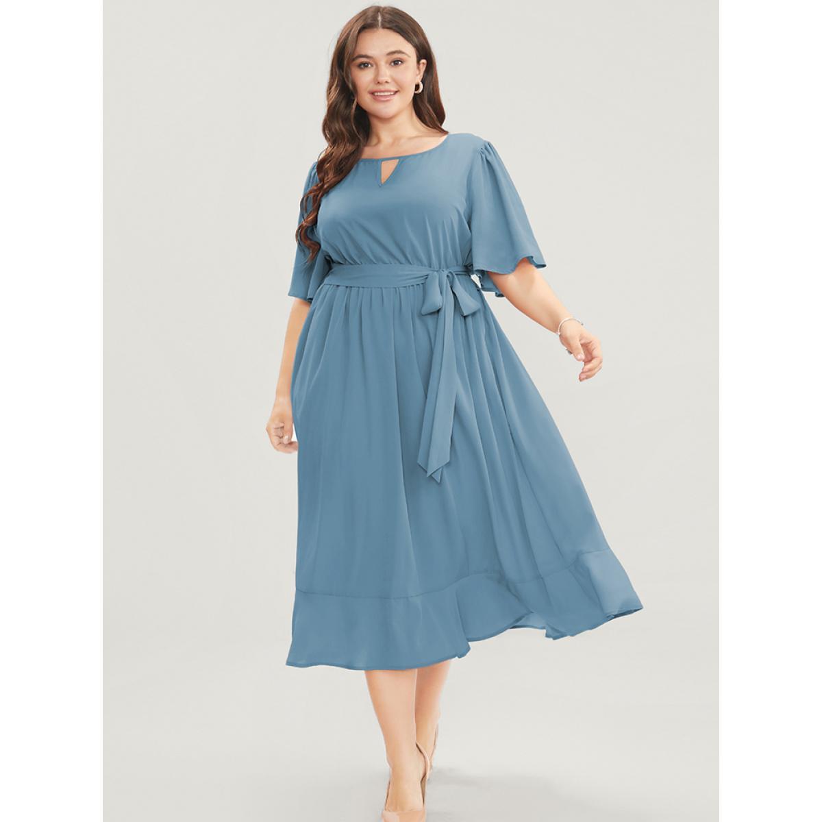 Plus Size Solid Keyhole Round Neck Pocket Belted Flutter Dress Stone Women Office Belted Round Neck Half Sleeve Curvy Midi Dress BloomChic 22-24/3X Product Image