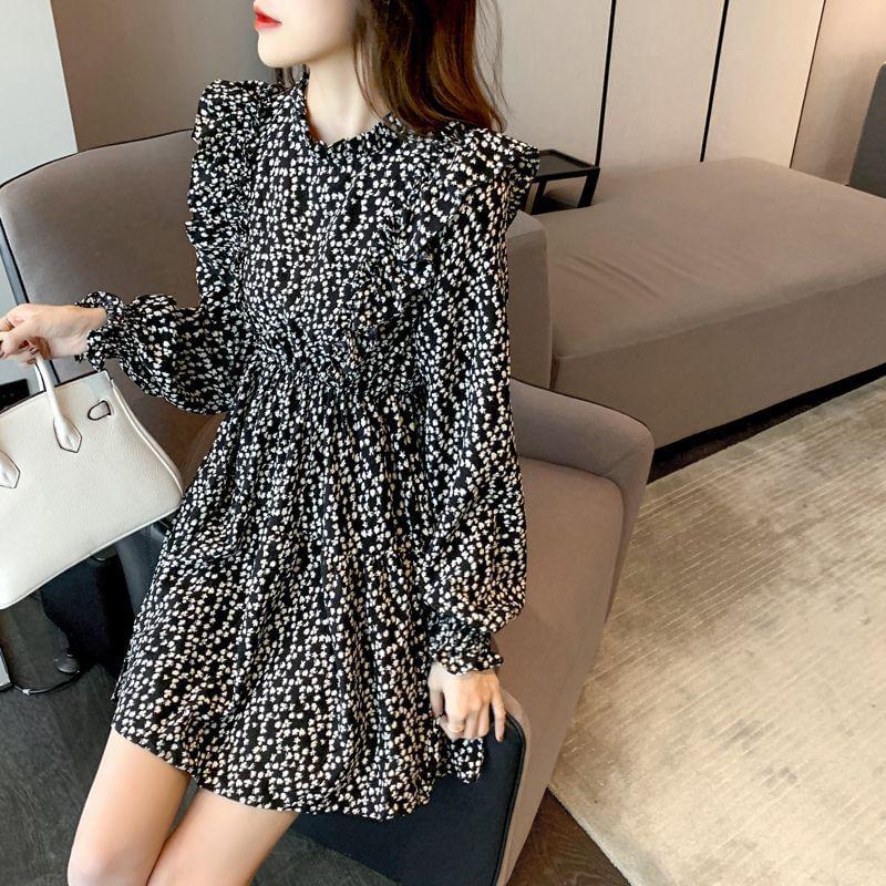Long-Sleeve Crewneck Floral Print A-Line Dress Product Image