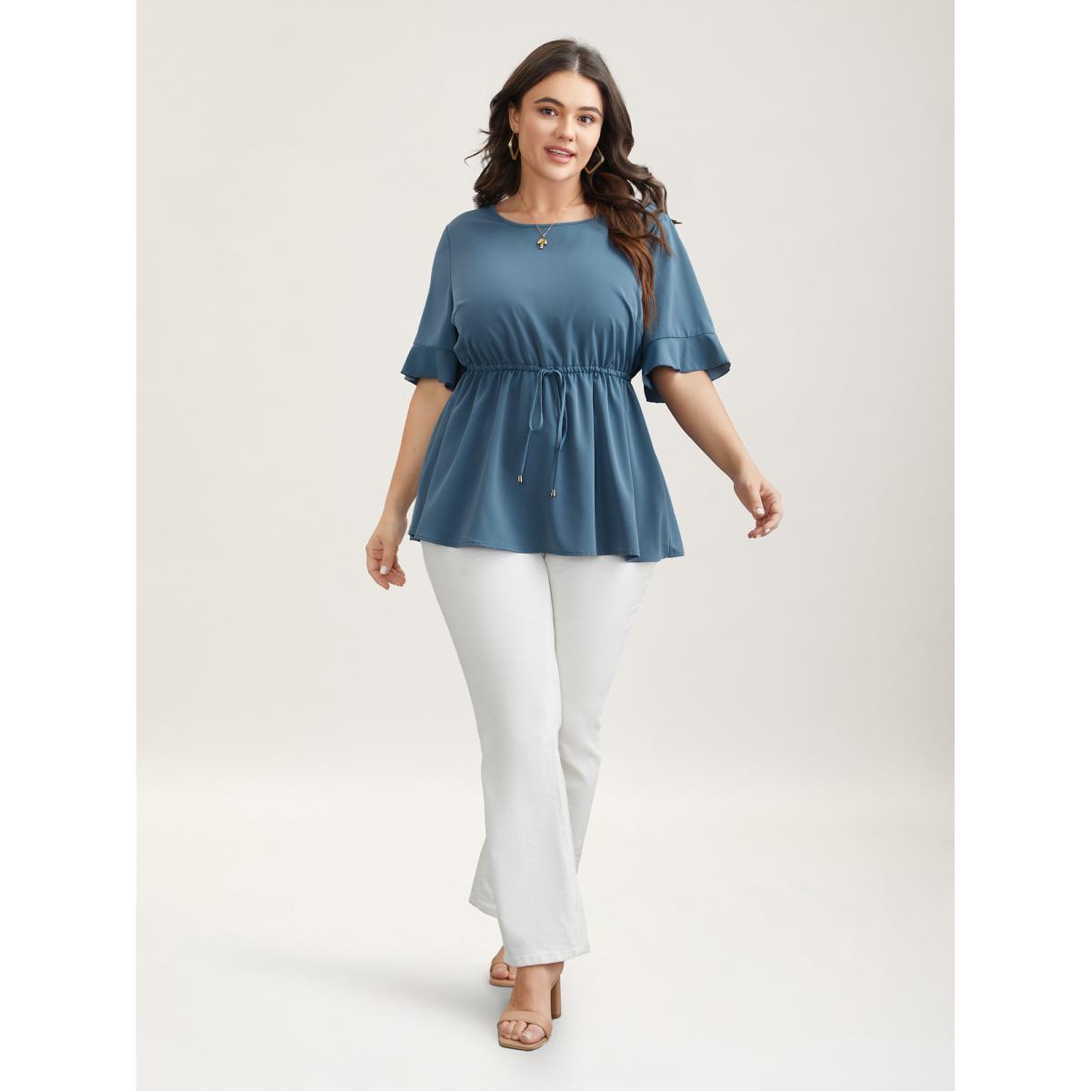 Plus Size Cerulean Ruffled Edge Sleeve Waist-Tie Shirt Women Casual Half Sleeve Round Neck Everyday Blouses BloomChic 14-16/1X Product Image
