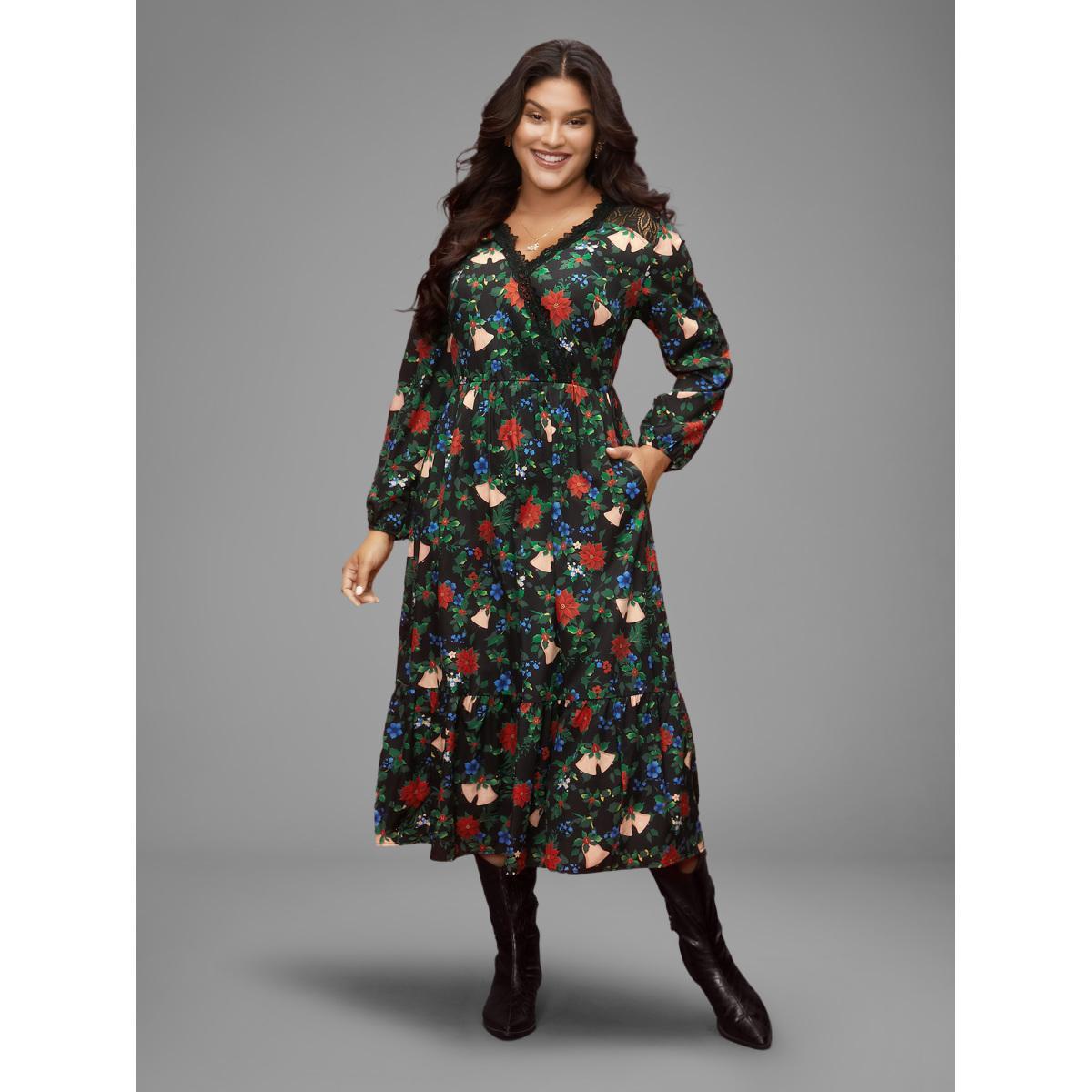 Plus Size Floral Lace Surplice Neckline Midi Dress Emerald Women Elegant Woven ribbon&lace trim Overlap Collar Long Sleeve Curvy BloomChic 26/4X Product Image