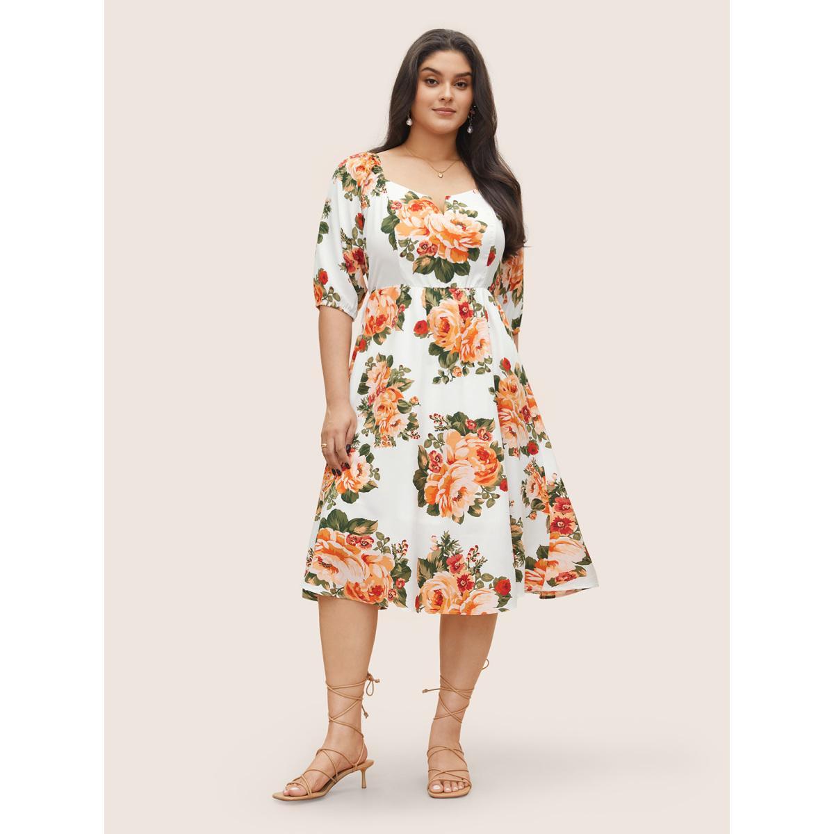 Plus Size Floral Print Notched Elastic Cuffs Dress White Women Elegant Non Notched collar Elbow-length sleeve Curvy Midi Dress BloomChic 26/4X Product Image