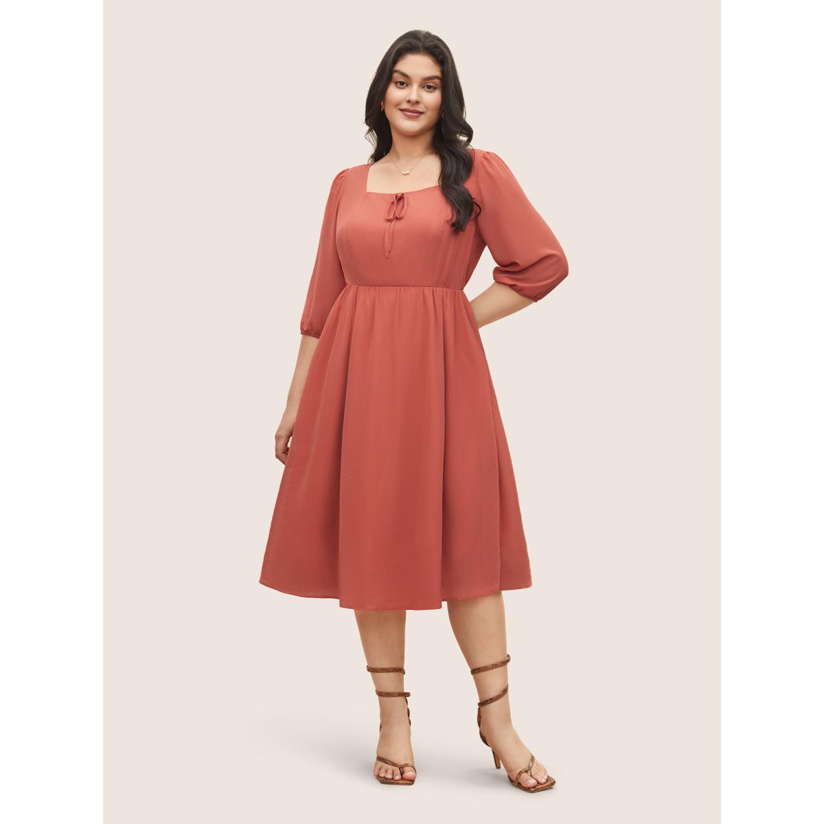 Plus Size Chiffon Plain Ties Knotted Lantern Sleeve Dress Coral Women Elegant Non Square Neck Elbow-length sleeve Curvy Midi Dress BloomChic 14-16/1X Product Image
