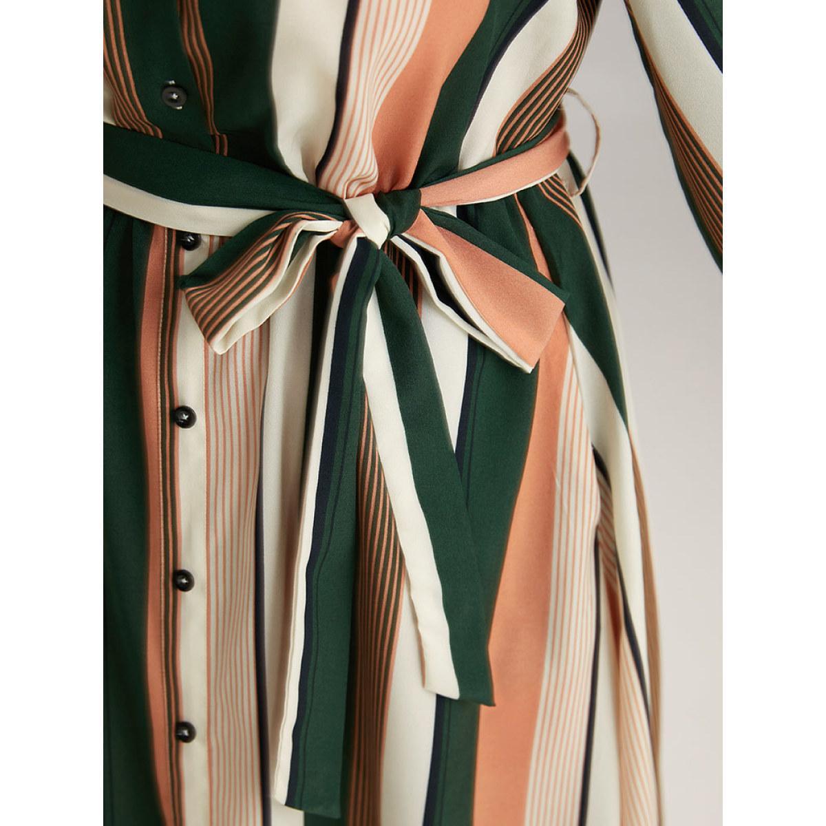 Plus Size Striped Belted Shirt Collar Button Through Dress Multicolor Women At the Office Printed Shirt collar Long Sleeve Curvy Midi Dress BloomChic 26/4X Product Image