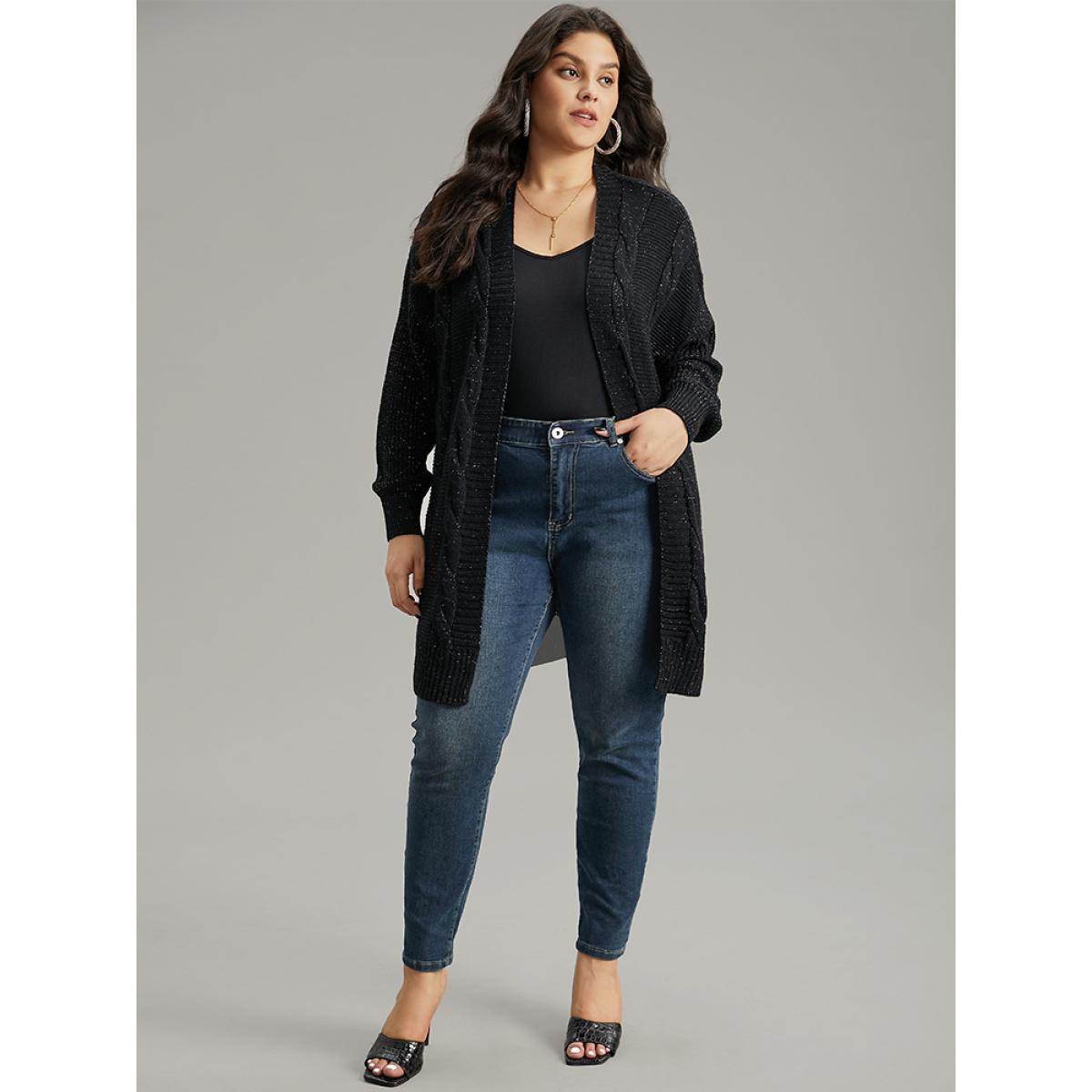 Plus Size Lurex Cable Knit Drop Shoulder Cardigan Black Women Casual Loose Long Sleeve Dailywear Cardigans BloomChic 26/4X Product Image