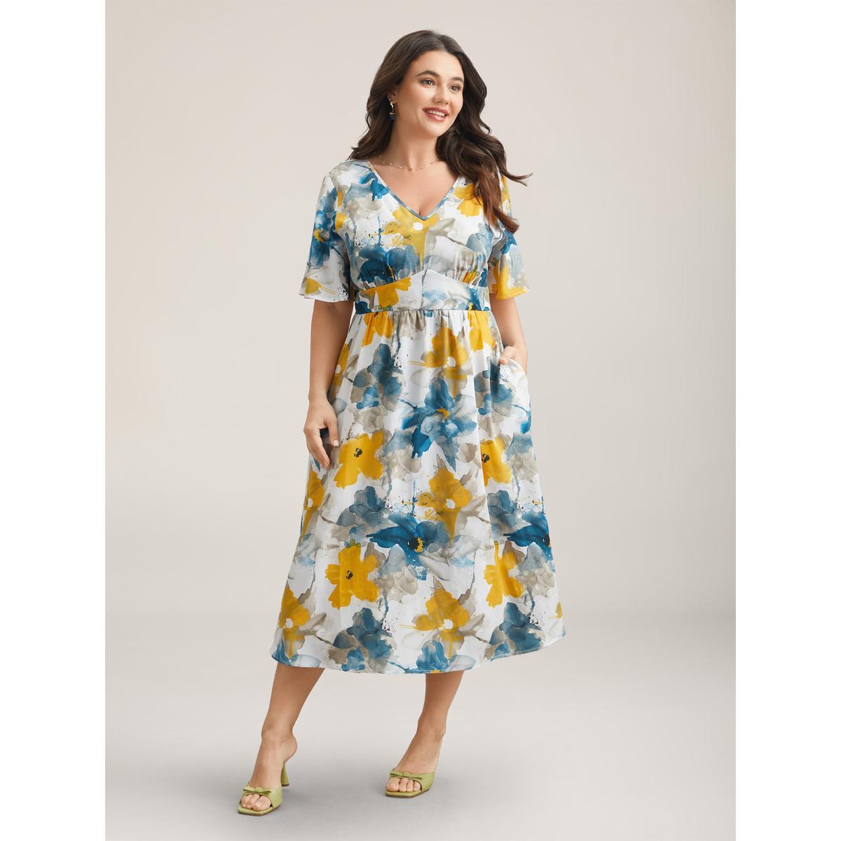 Plus Size Floral Wrap Neck Fit & Flare Dress Aegean Women Elegant Gathered V-neck Short sleeve Curvy BloomChic 28/5X Product Image