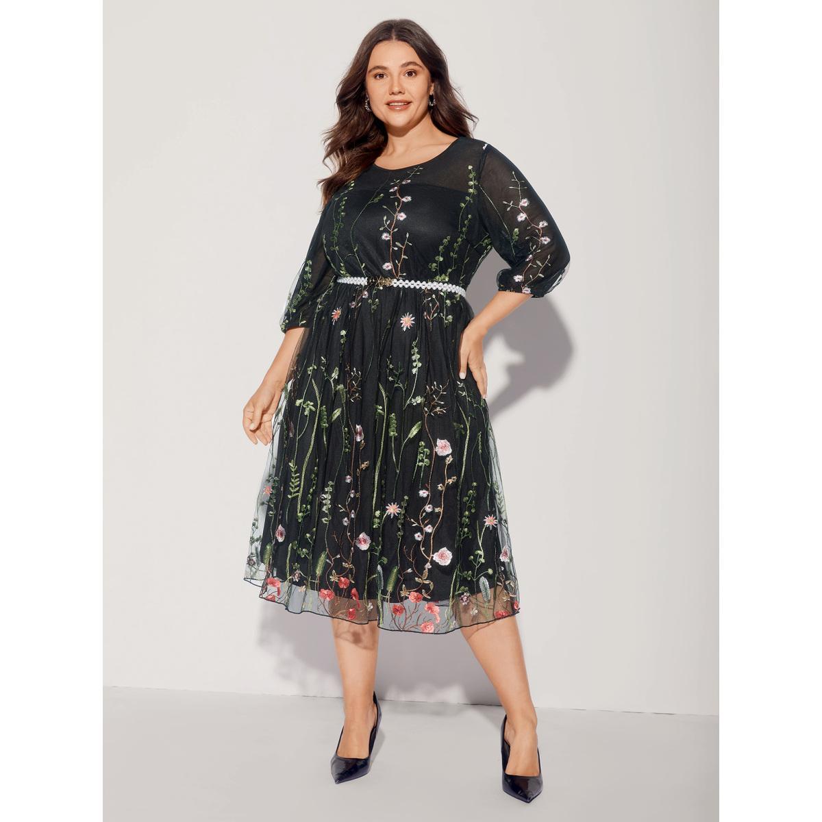 Plus Size Floral Embroidered Elastic Waist Lined Midi Dress Black Women Cocktail Texture Party Curvy Bloomchic 22-24/3X Product Image