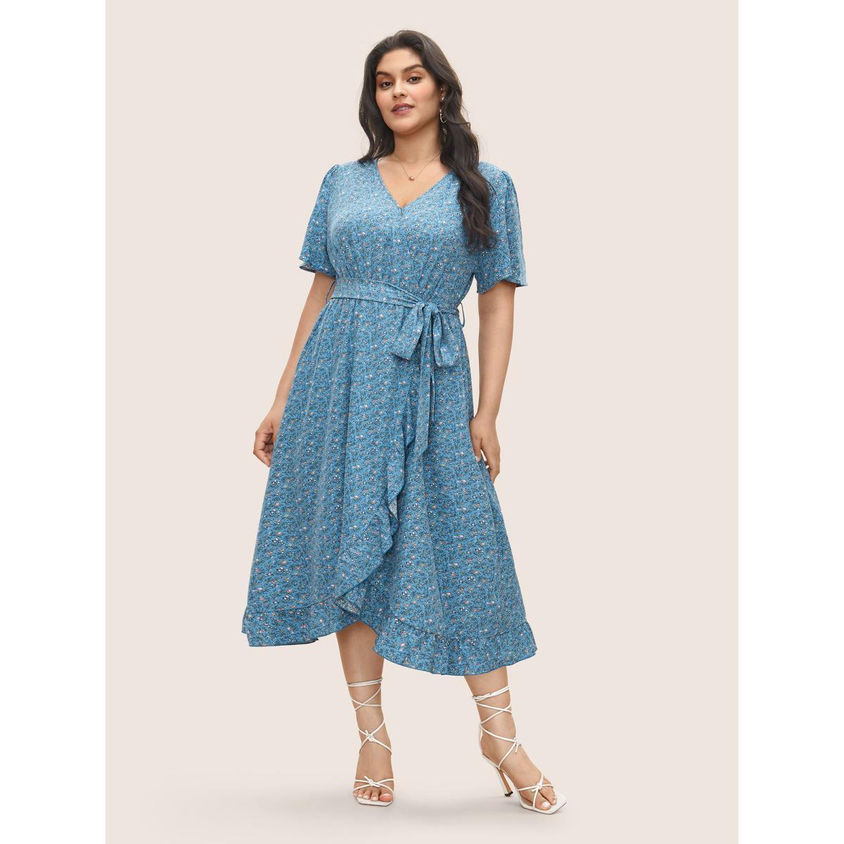 Plus Size Ditsy Floral Overlap Collar Ruffles Belted Dress Blue Women Elegant Overlapping Overlap Collar Short sleeve Curvy Midi Dress BloomChic 28/5X Product Image