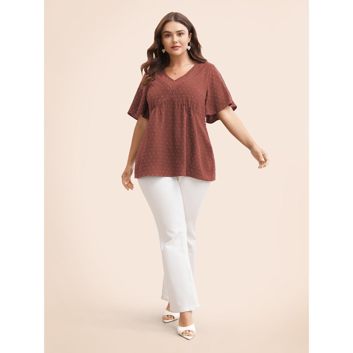 Plus Size Chocolate Polka Dot Frill Trim V Neck Flutter Blouse Women Elegant Short sleeve V-neck Work Blouses BloomChic 22-24/3X Product Image