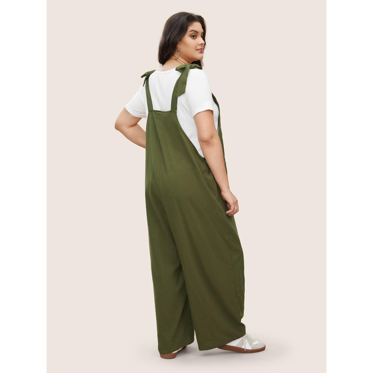 Plus Size ArmyGreen Solid Pleated Detail Pocket Knotted Shoulder Overall Jumpsuit Women Casual Sleeveless Non Everyday Loose Jumpsuits BloomChic 30/6X Product Image