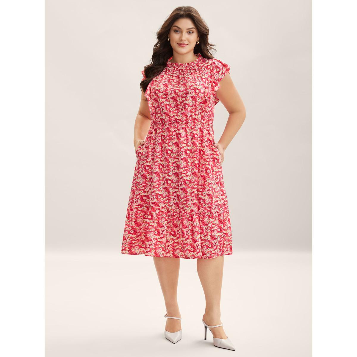 Plus Size Ruffled Neck Floral Print Tiered Midi Dress Peach Women Round Neck Cap Sleeve Curvy BloomChic 18-20/2X Product Image