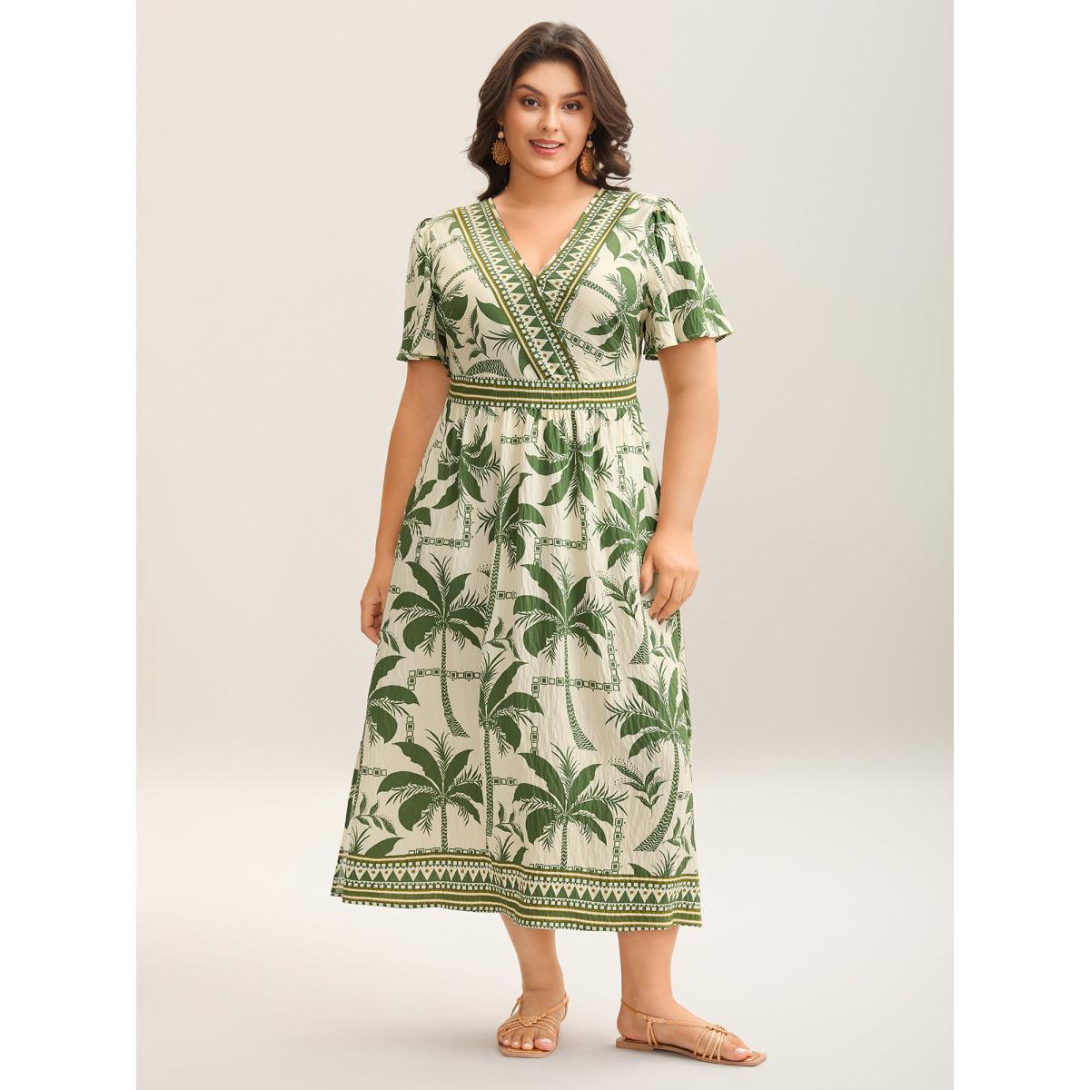 Plus Size Tropical Tree Print Contrast Hem Maxi Dress Moss Women Overlap Collar Short sleeve Curvy BloomChic 12/L Product Image