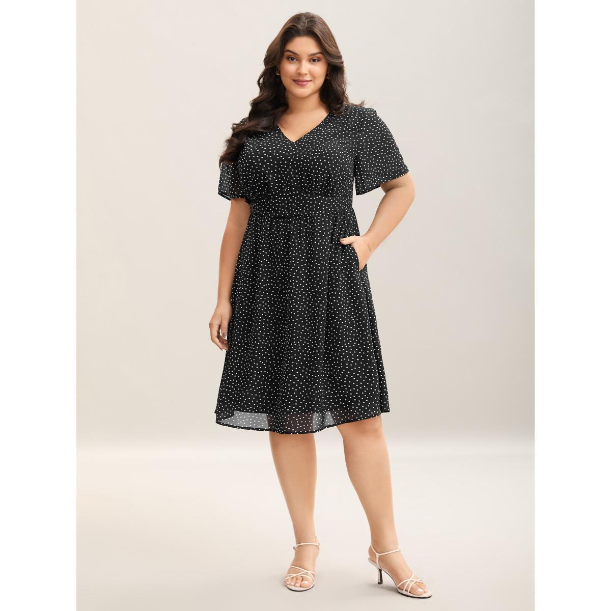 Plus Size Dot Print Stretchy Waist Chiffon Midi Dress Black Women V-neck Short sleeve Curvy BloomChic 18-20/2X Product Image