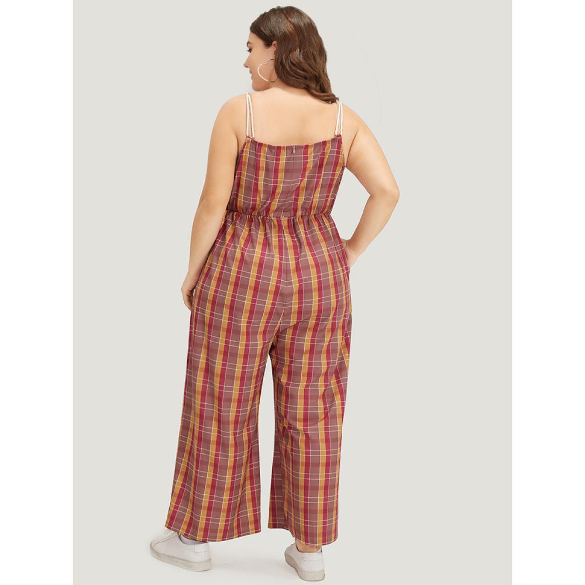 Plus Size Multicolor Plaid Print Tassels Knotted Pocket Cami Jumpsuit Women Casual Sleeveless Spaghetti Strap Dailywear Loose Jumpsuits BloomChic 12/L Product Image