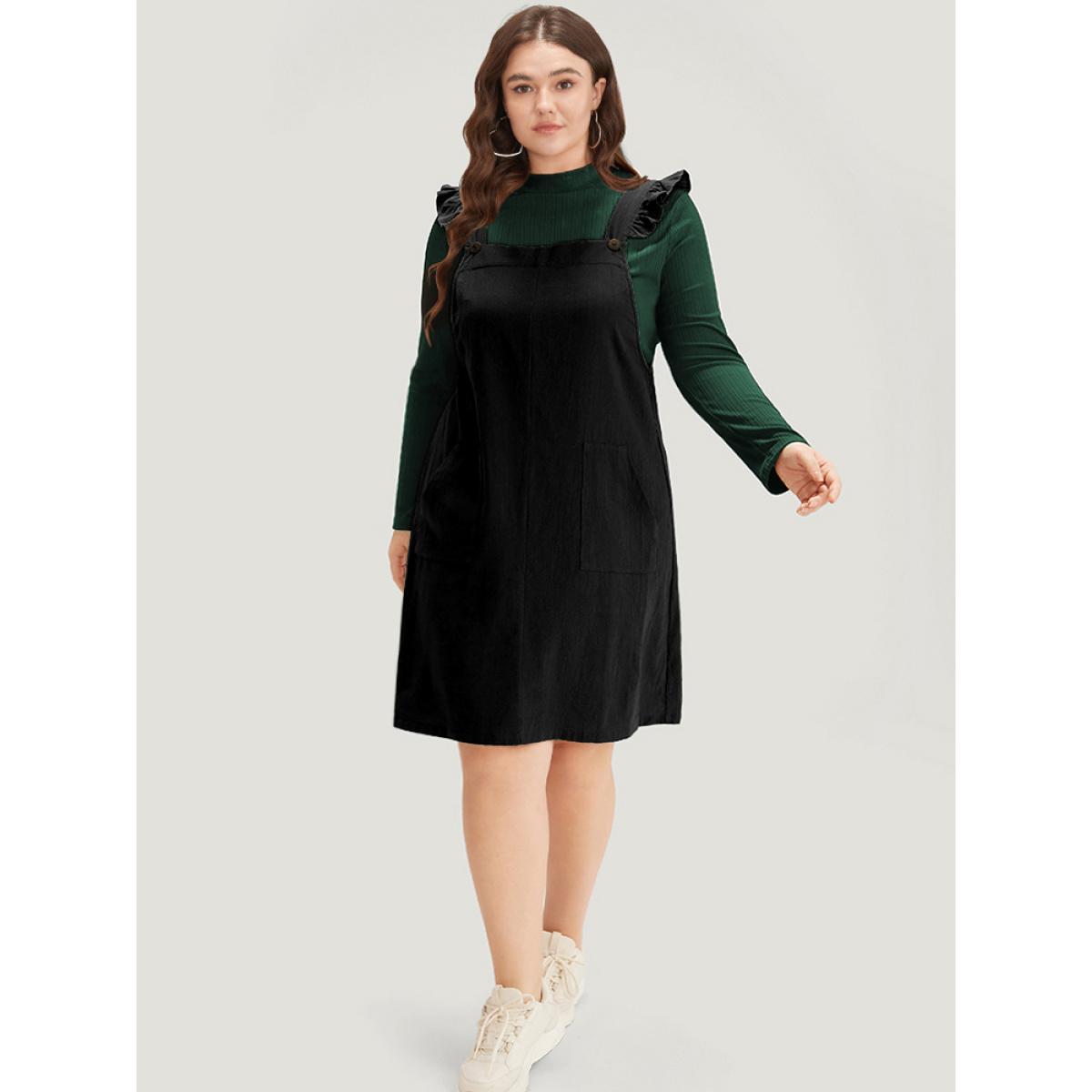 Plus Size Solid Square Neck Button Up Pocket Ruffle Trim Cami Dress Black Women Casual Plain Spaghetti Strap Sleeveless Curvy Knee Dress BloomChic 10/M Product Image